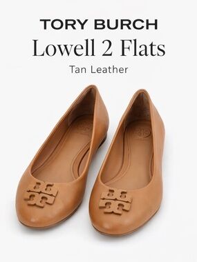 Tory Burch Lowell 2 Ballet Flats Tan Leather Logo Size 7.5